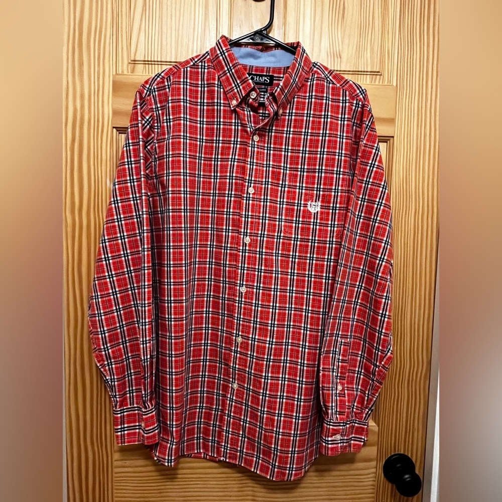 Chaps Men's Large Easy Care Long-sleeve Button Down Shirt, Red/White/Blue Plaid